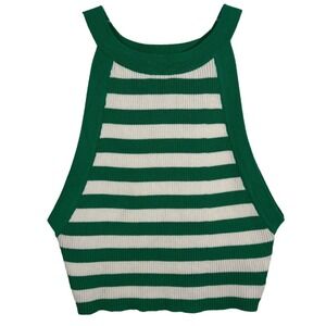 KLESIS Green White Striped Ribbed Knit High Neck Crop Top Size M IT3908